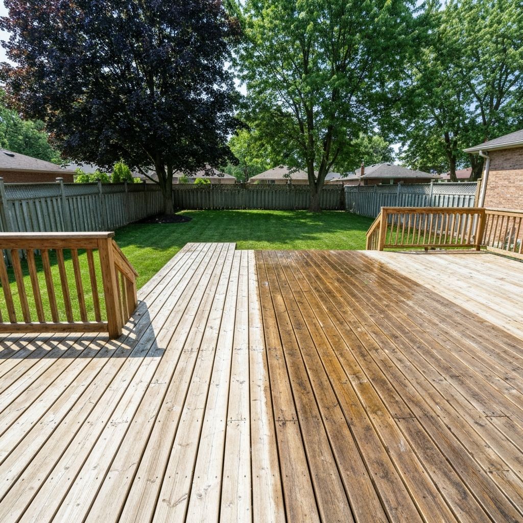 Freshly pressure washed wooden deck at a GTA home