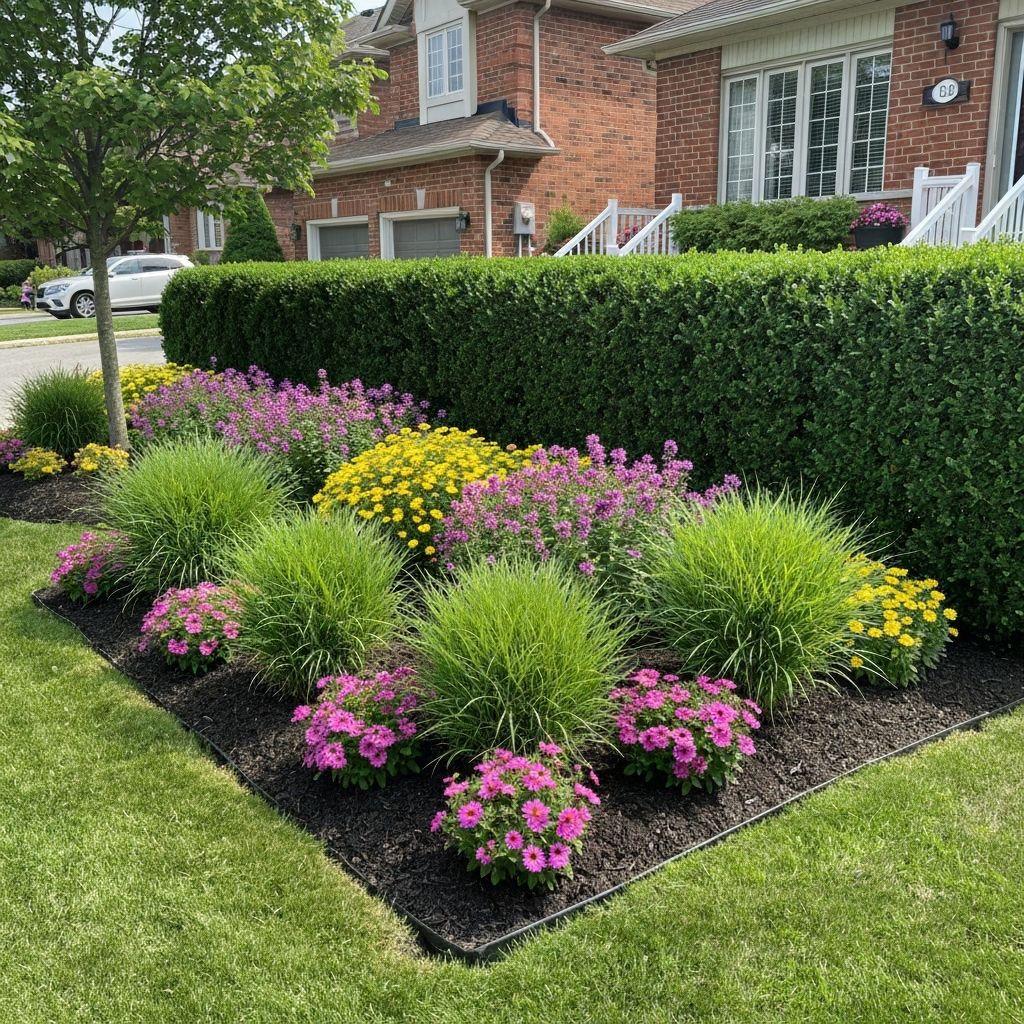 Well-maintained garden beds with fresh mulch