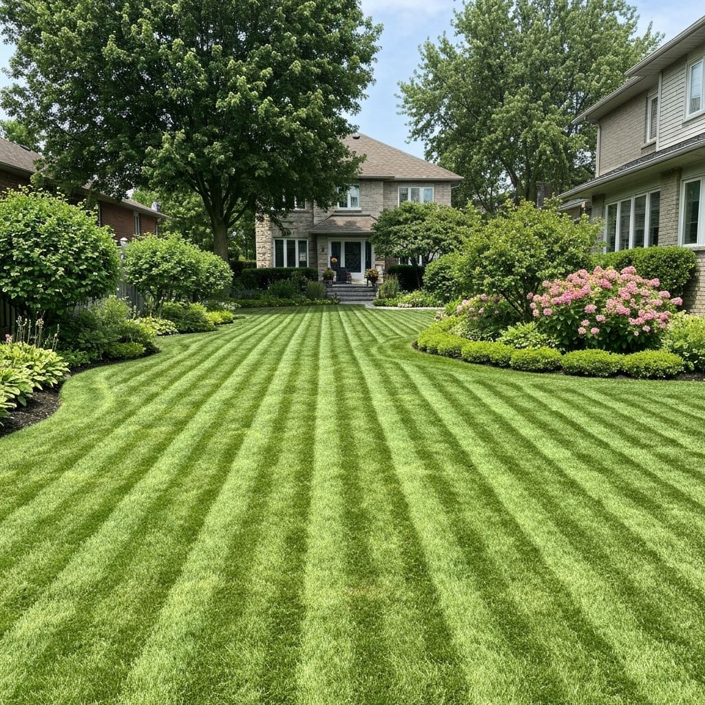 Professionally manicured lawn with clean stripes