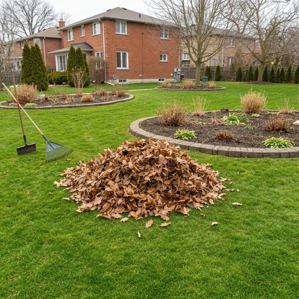 Spring yard cleanup with raked leaves at a GTA home